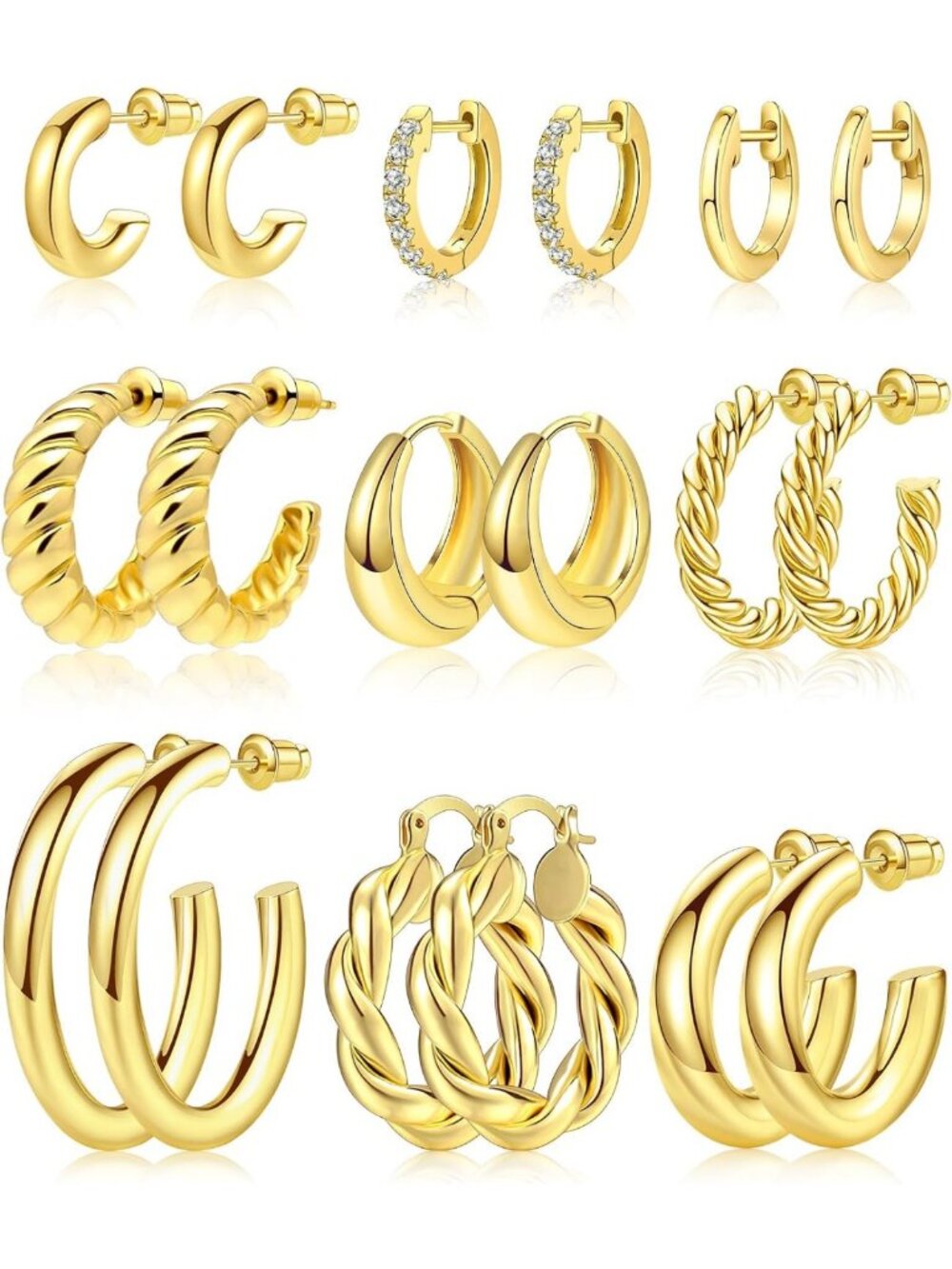 9 Pairs Twisted Gold Hoop Earrings Set - Lightweight Huggie Hoops for Women